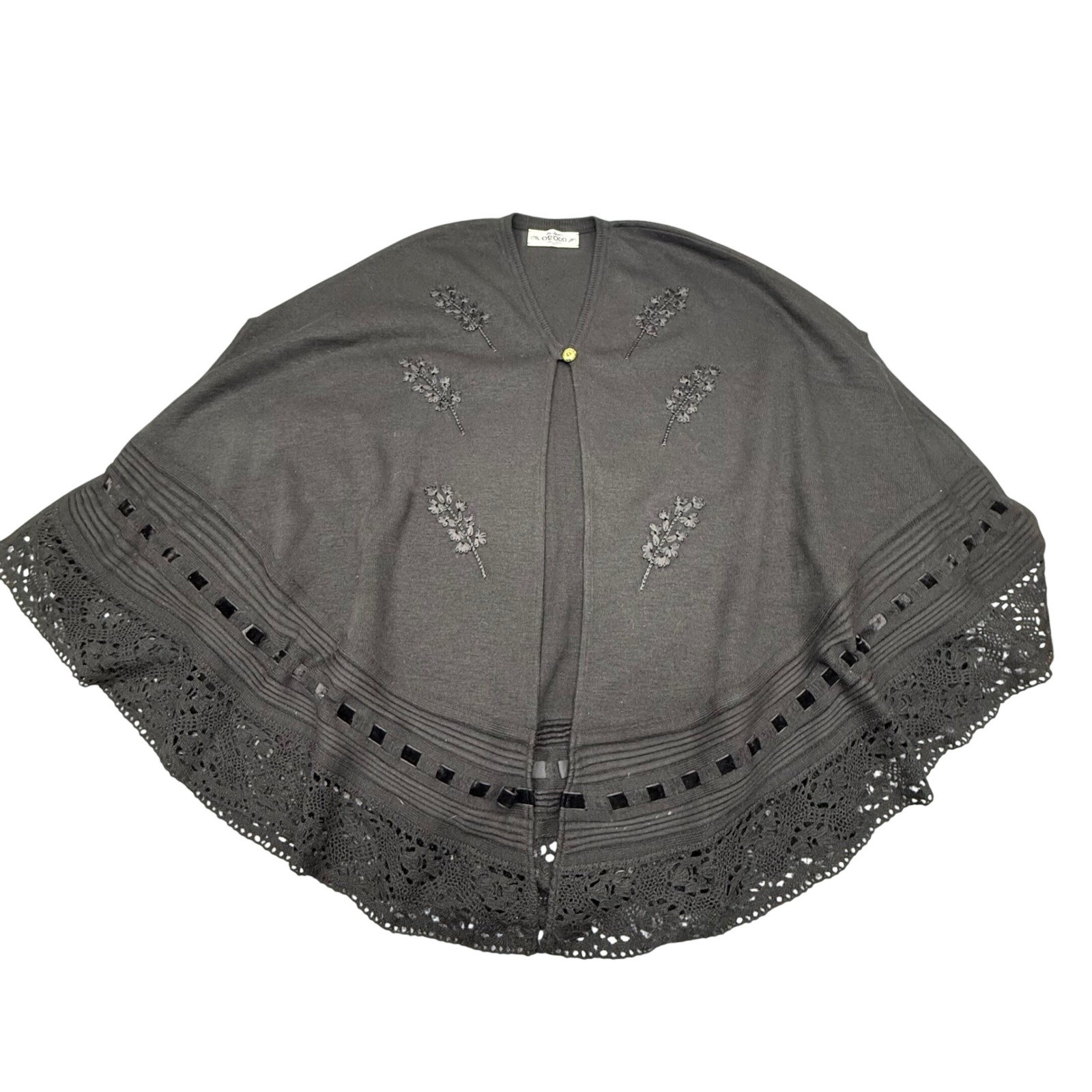 Oxford 1964 Vintage Black Knit Cape Poncho Crochet Lace Floral Beaded One Size